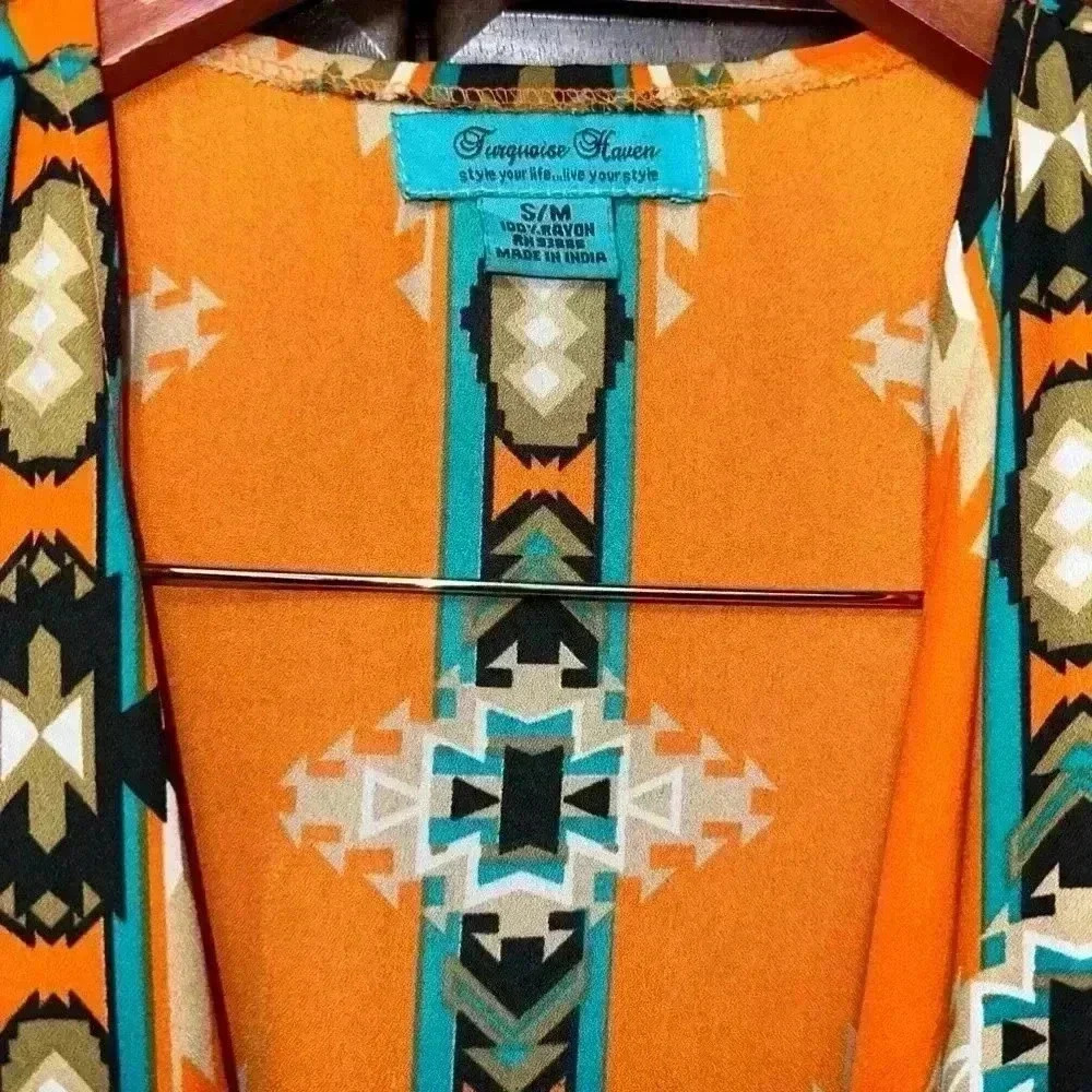 Turquoise Haven Long Rayon Kimono S/M Orange Teal Aztec / Western Wear Design - Picture 12 of 12
